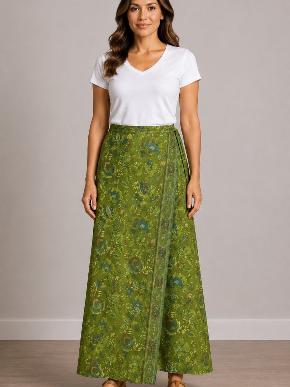Norton McNaughton Green Floral Rayon Maxi Skirt Small Boho Border Print